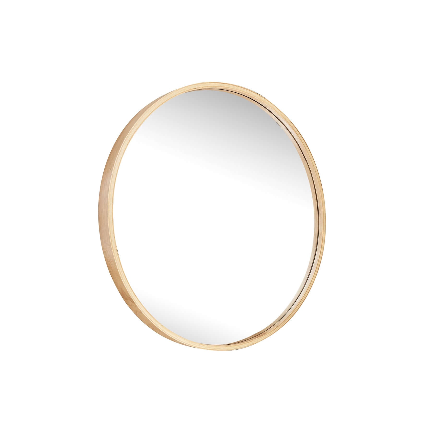 Round 685 Mirror with natural wood frame, featuring a recessed glass design for a timeless aesthetic.