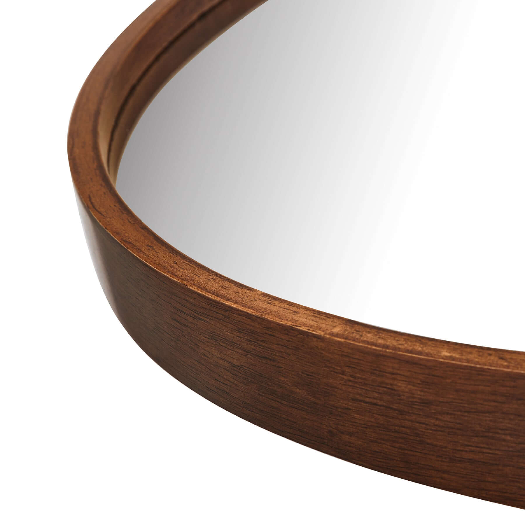 Close-up of the Round 685 Mirror showcasing its natural rubber wood frame and recessed glass design.