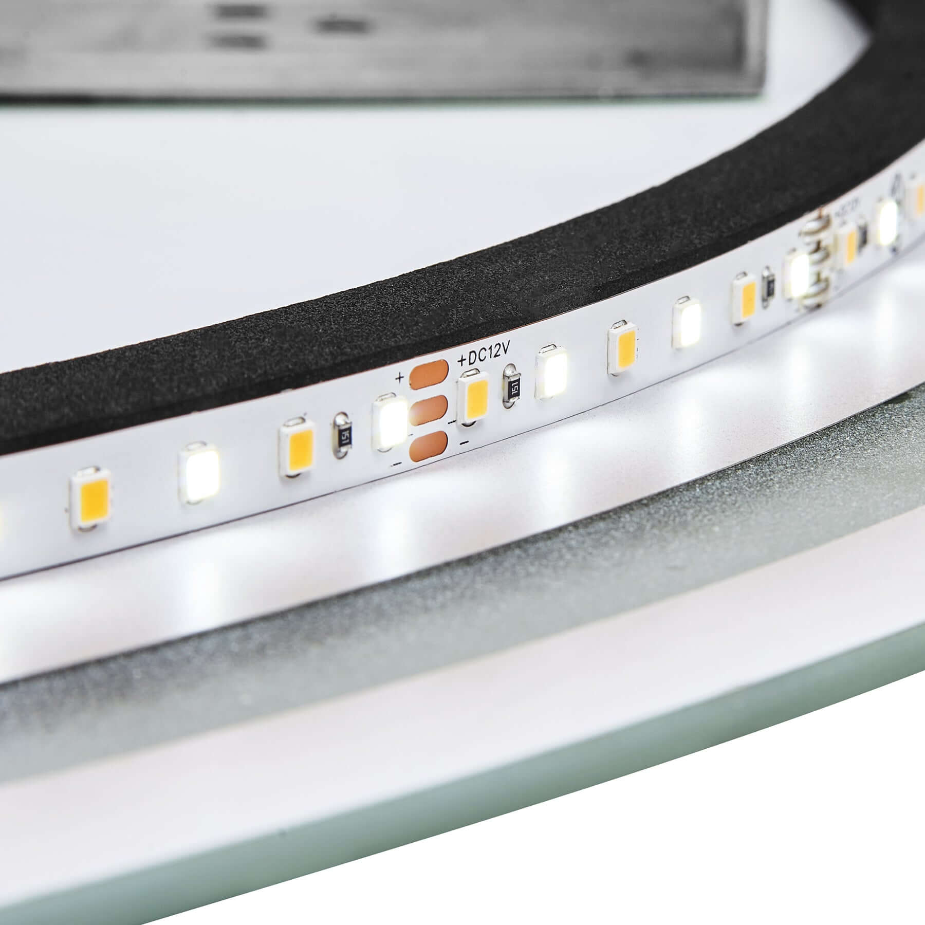 Close-up of LED light strip for Round Frameless LED Mirror showcasing lighting technology and modern design.