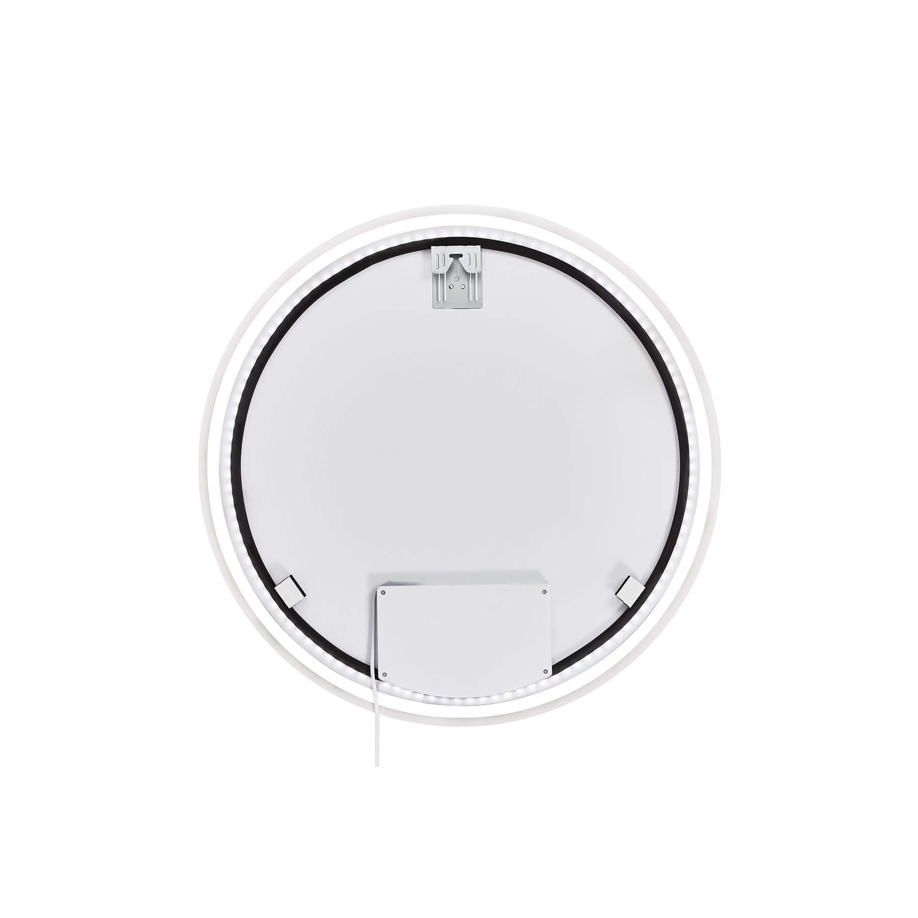 Back view of a Round Frameless LED Mirror, 70x70cm, highlighting its sleek design and integrated lighting features.