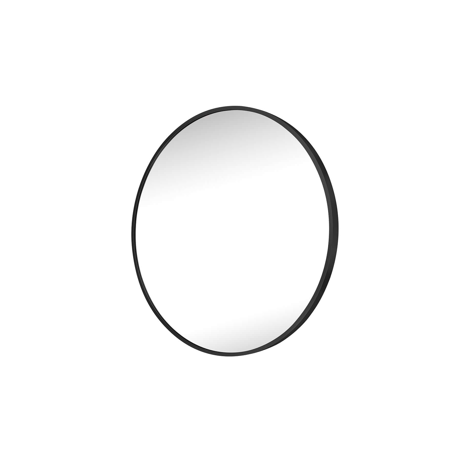 Stylish Round Aluminium Mirror Small with a sleek black frame, perfect for modern home decor.