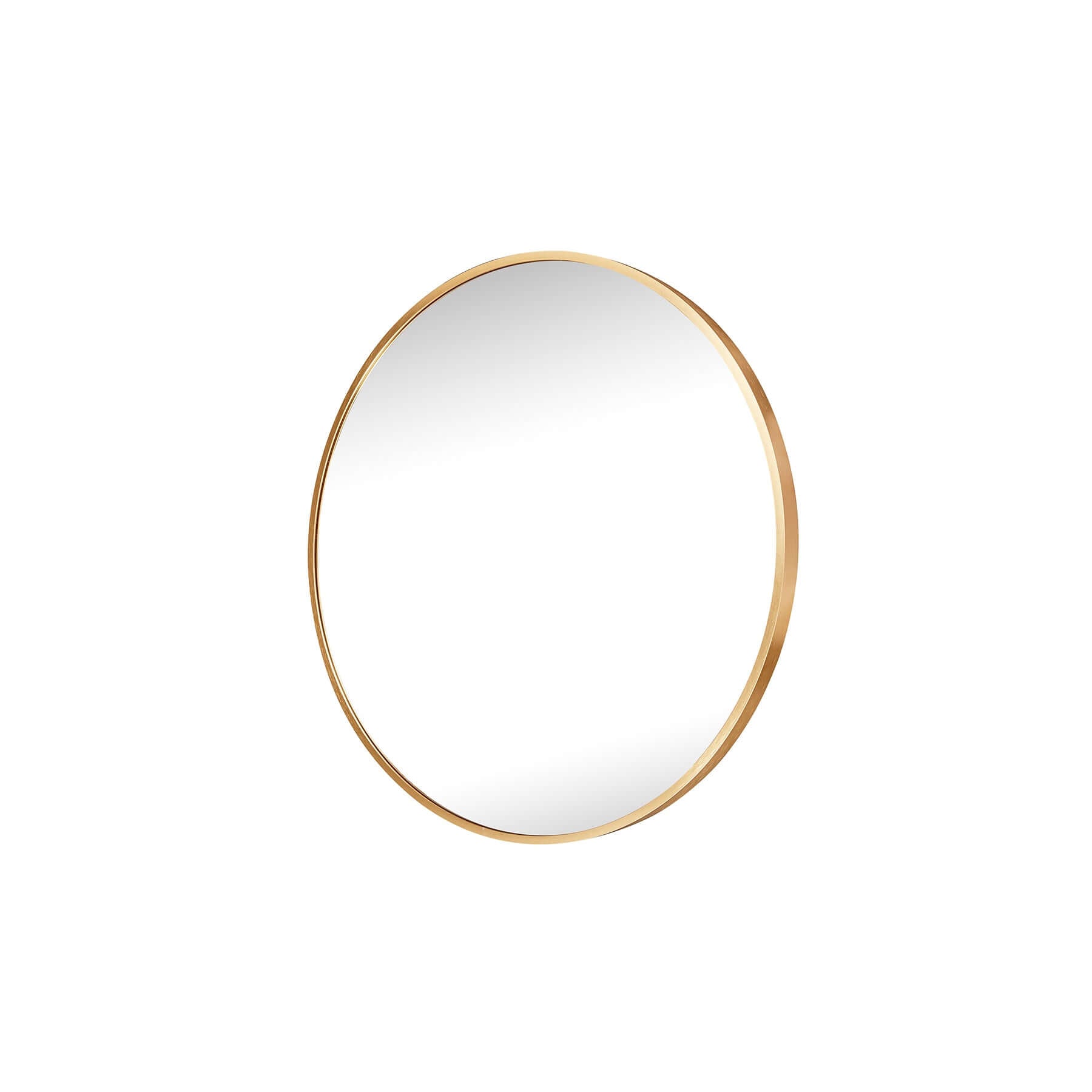 Round aluminium mirror with a sleek gold frame, enhancing modern elegance in any space.