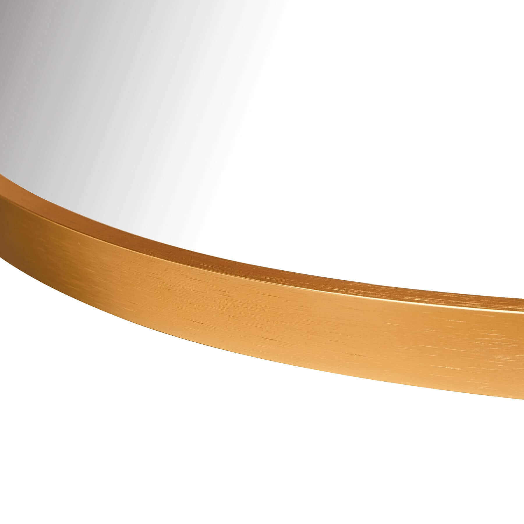 Close-up of the sleek gold aluminum frame of a small round mirror, highlighting its modern elegance.