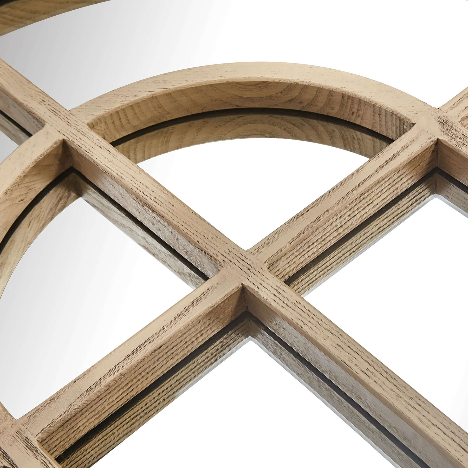Close-up of the Arch Mirror's wood-styled resin frame with arched top and windowpane design.