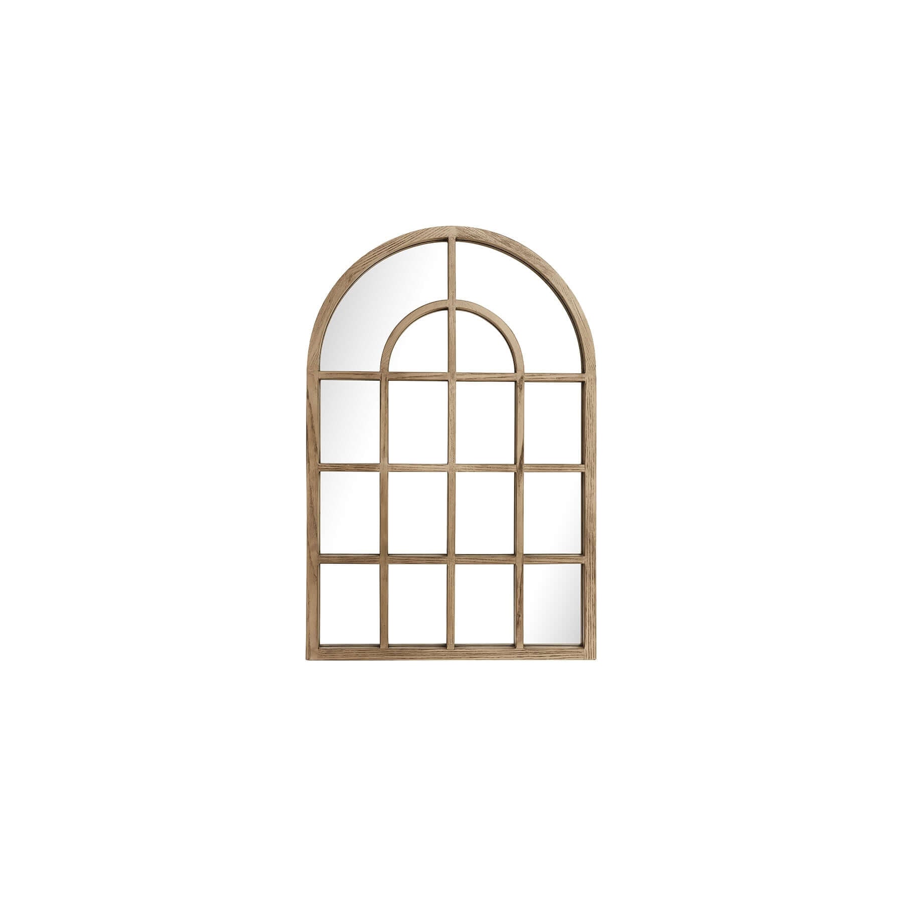 Small arch mirror with wood-styled resin frame, featuring a windowpane design.