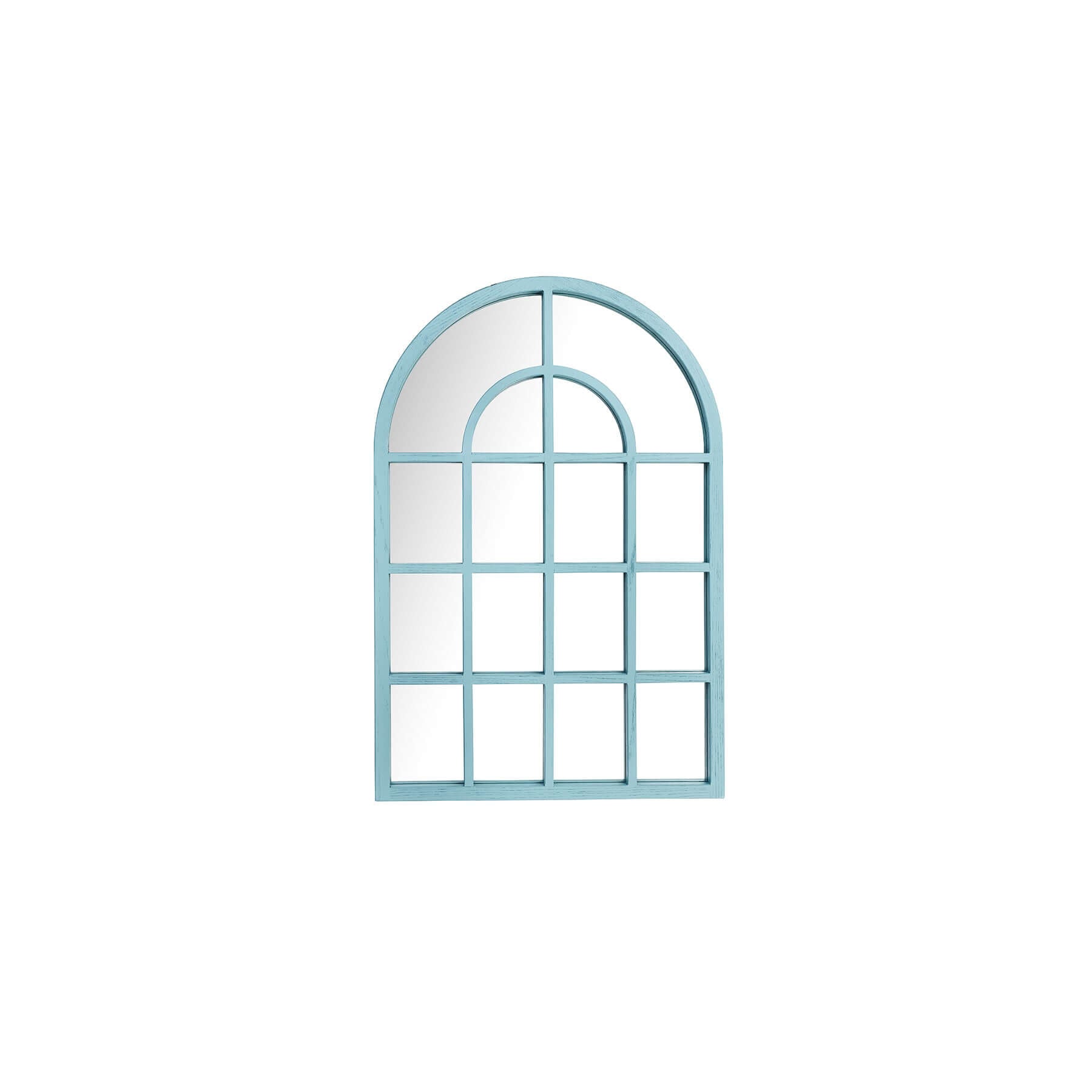 Arch mirror in blue, featuring arched top and windowpane design, perfect for stylish home decor.