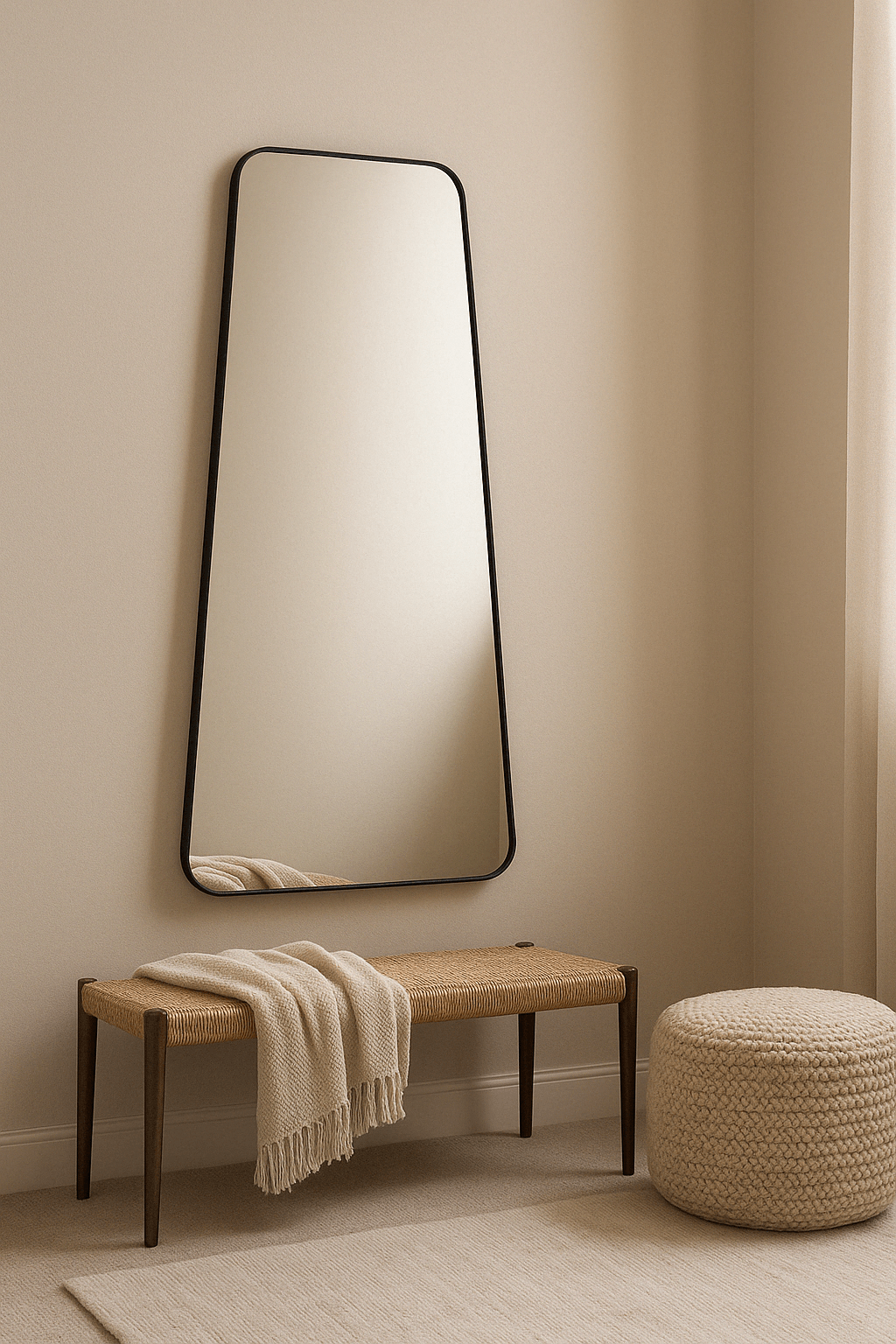 Bravo Mirror Range in sleek black metal frame, styled in a cozy modern interior with a bench and pouf.