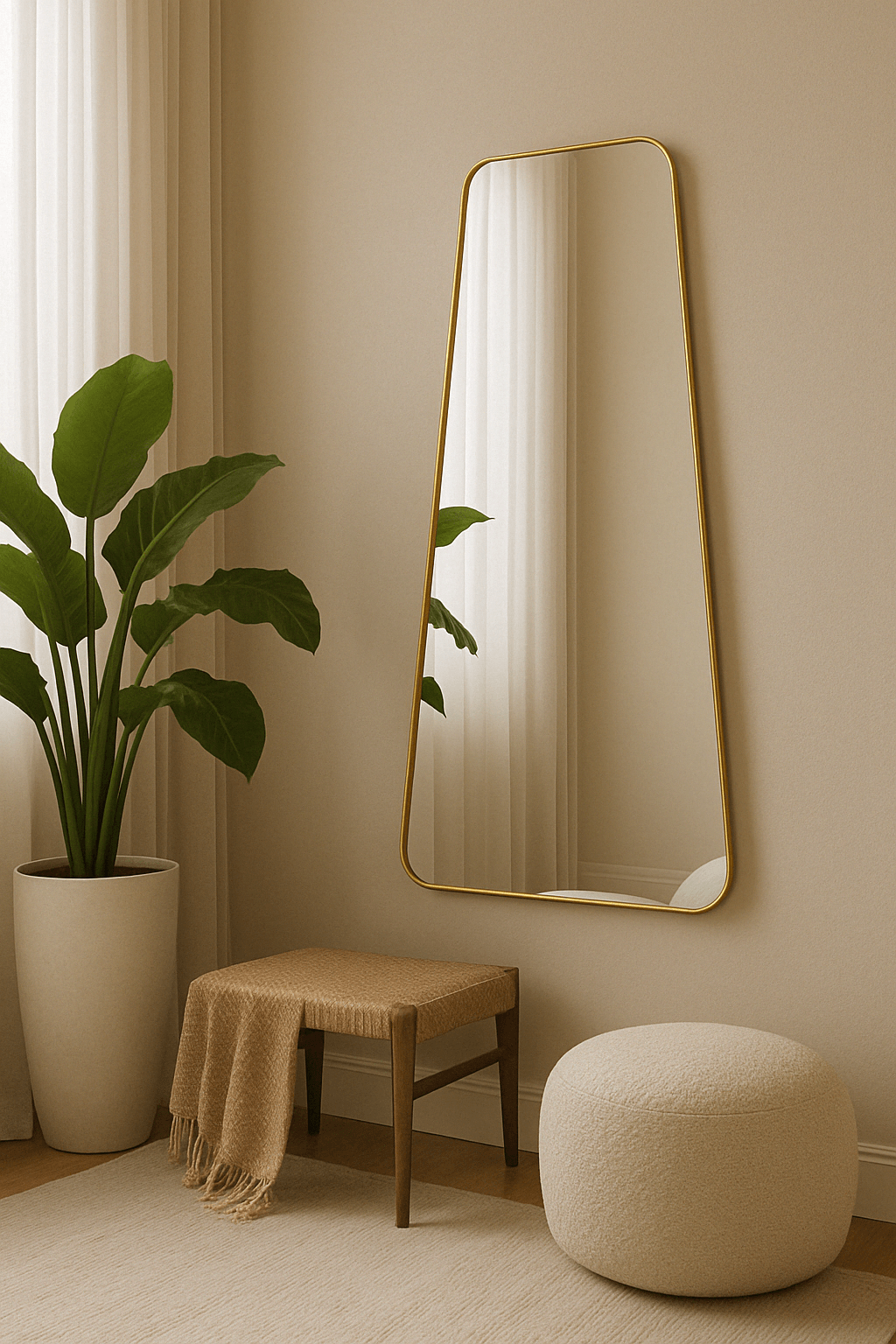 Bravo Mirror Range with sleek gold frame, modern decor, and green plant in stylish interior setting.