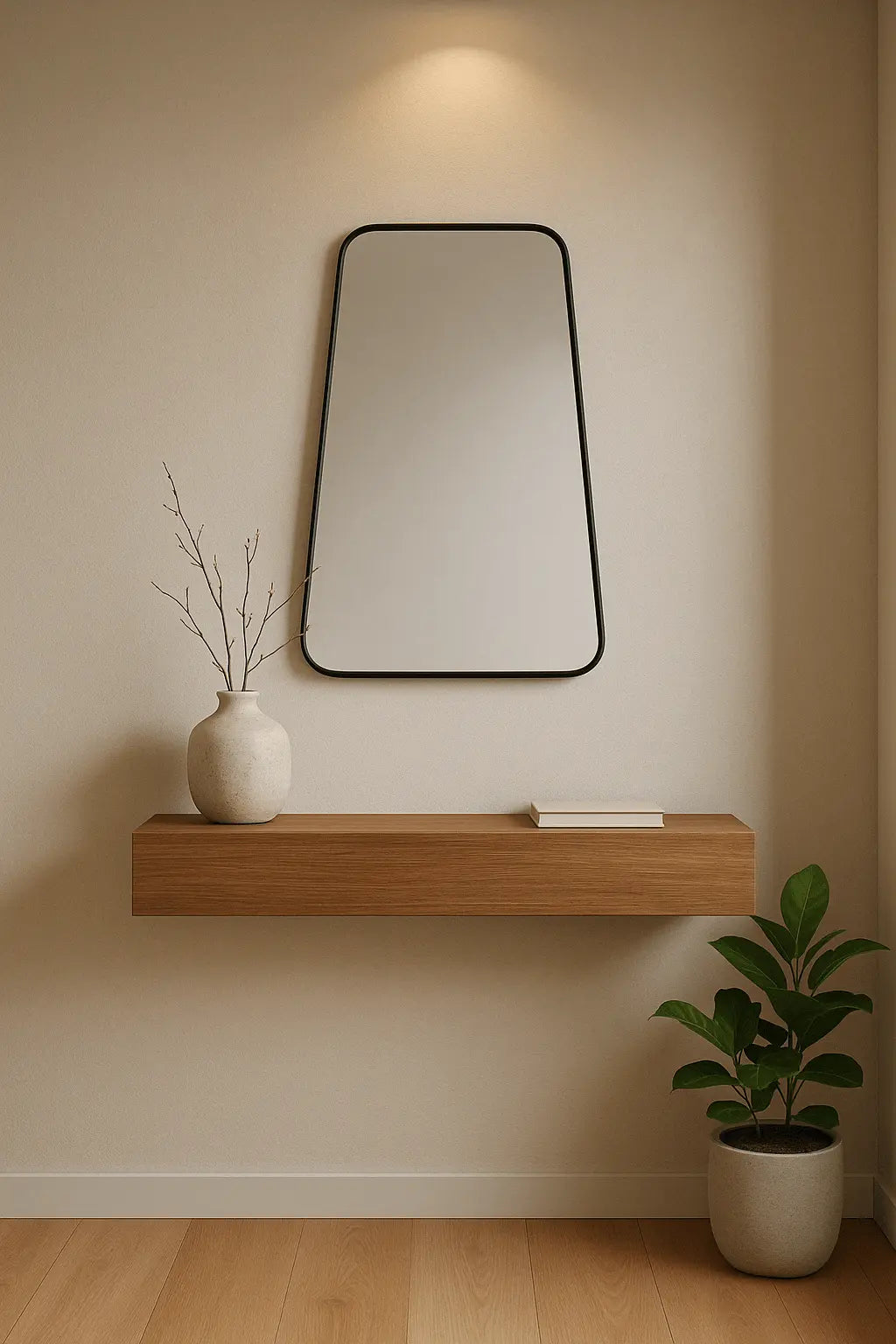 Bravo Mirror Range featuring a sleek black-framed mirror above a wooden shelf with a vase and plant.
