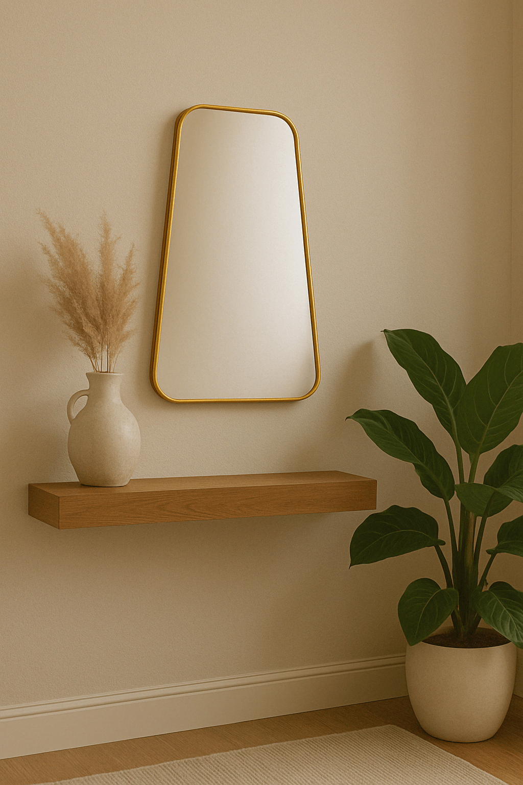 Bravo Mirror Range in gold frame with shelf, vase, and plant, showcasing modern elegance in a minimalist setting.