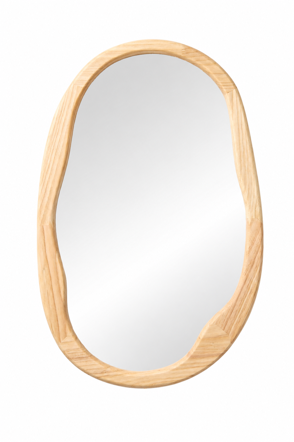 Oval irregular wall mirror with a natural wood frame.