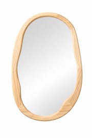 Oval irregular wall mirror with a natural wood frame.