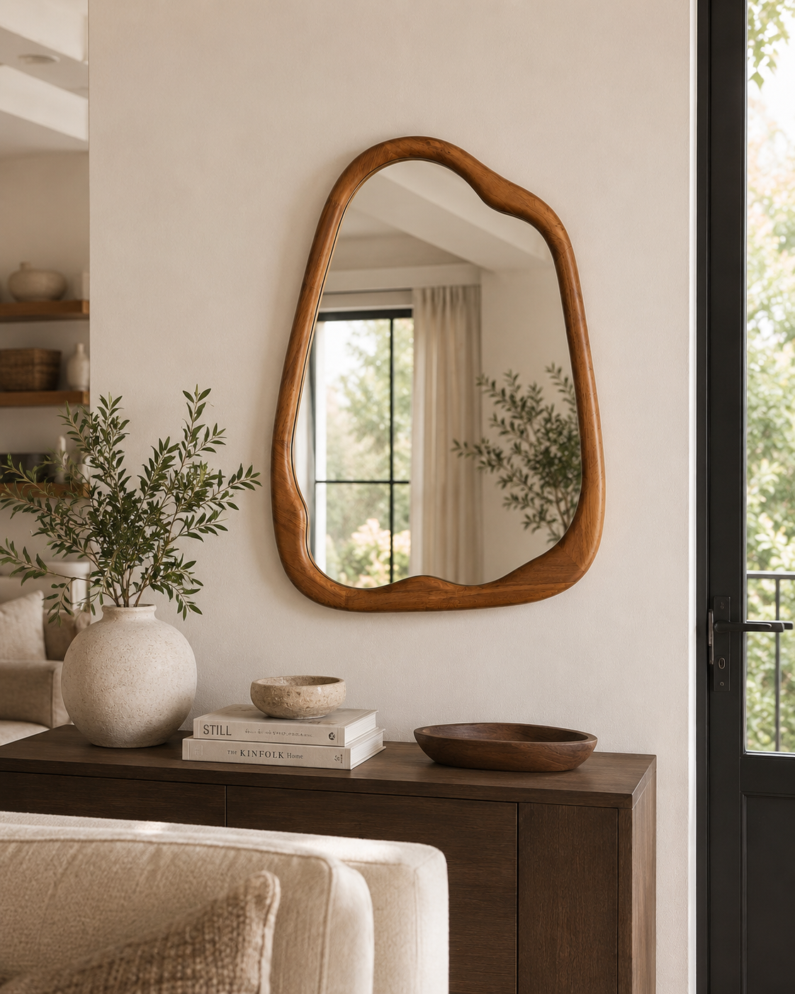Irregular Walnut Pear Wood Mirror 