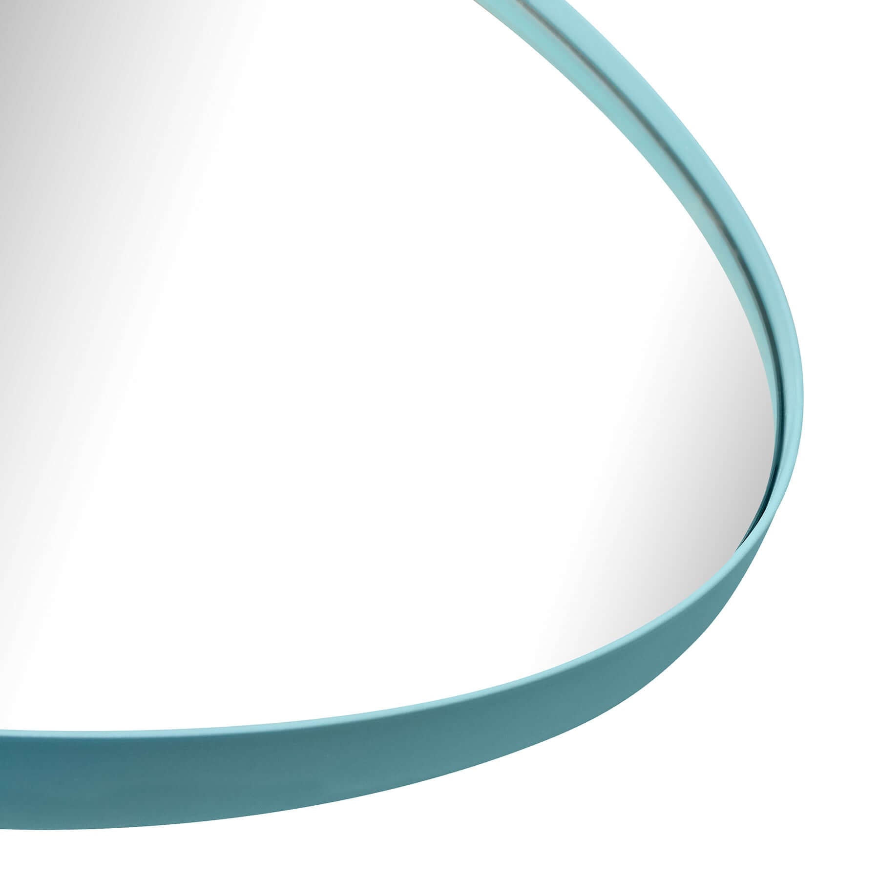 Close-up of a medium metal round mirror with a stylish aqua frame, perfect for industrial chic home decor.