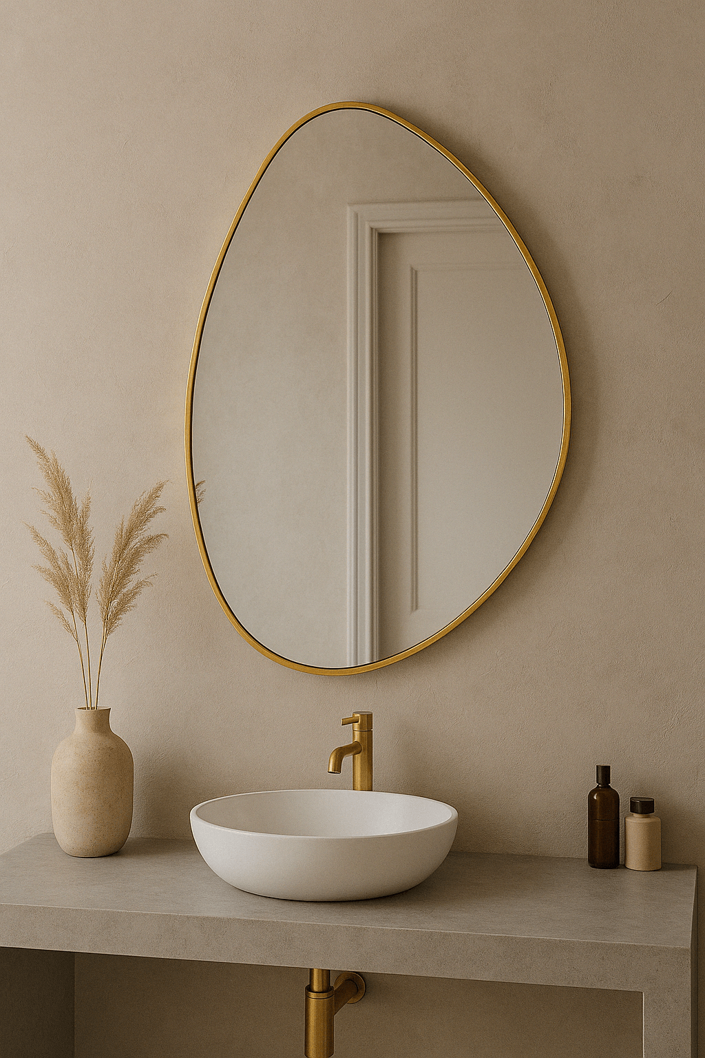 Aluminium frame mirror with asymmetrical design above a modern sink in a chic bathroom setting.