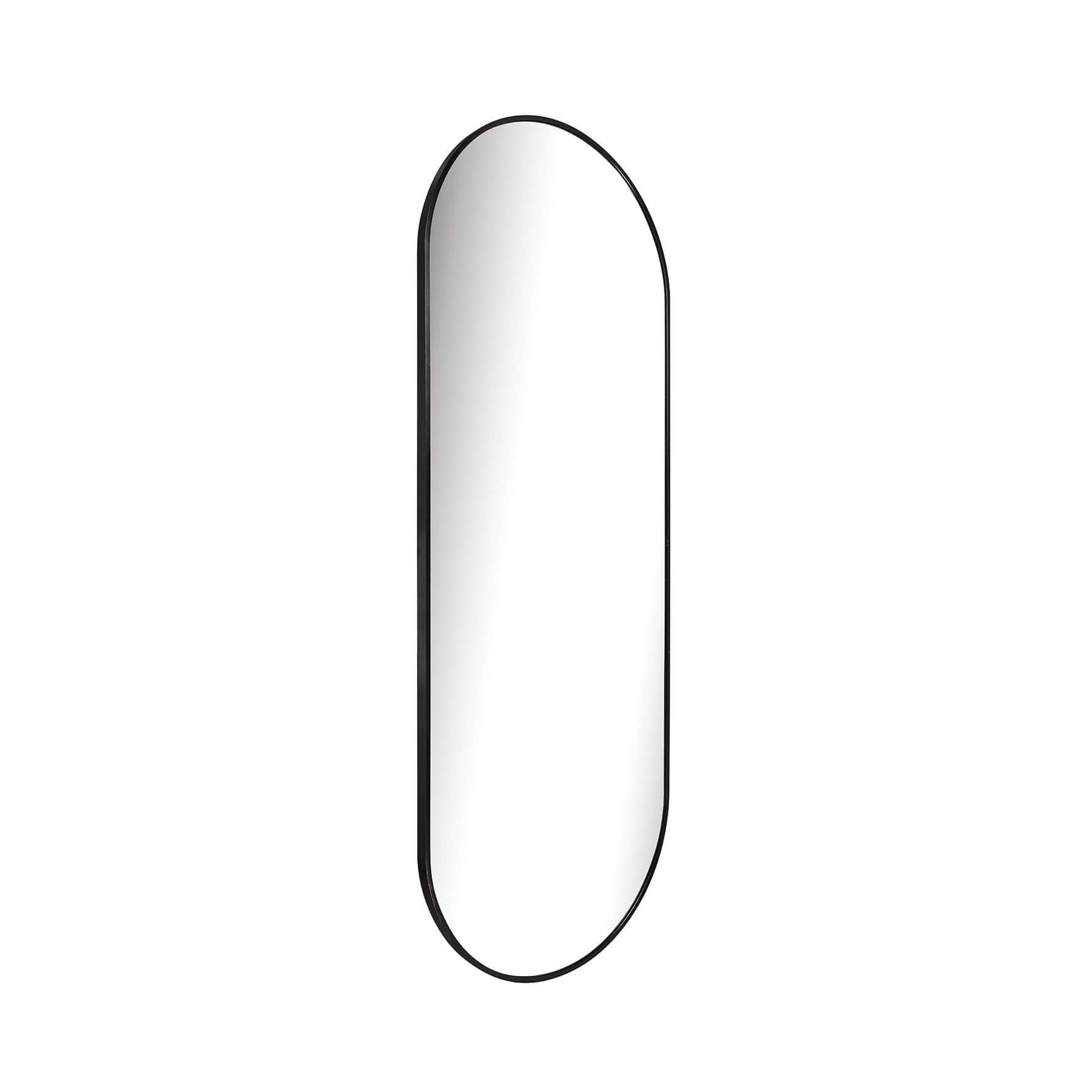 Large oval aluminium mirror with a sleek black frame, embodying modern minimalism and elegant design.