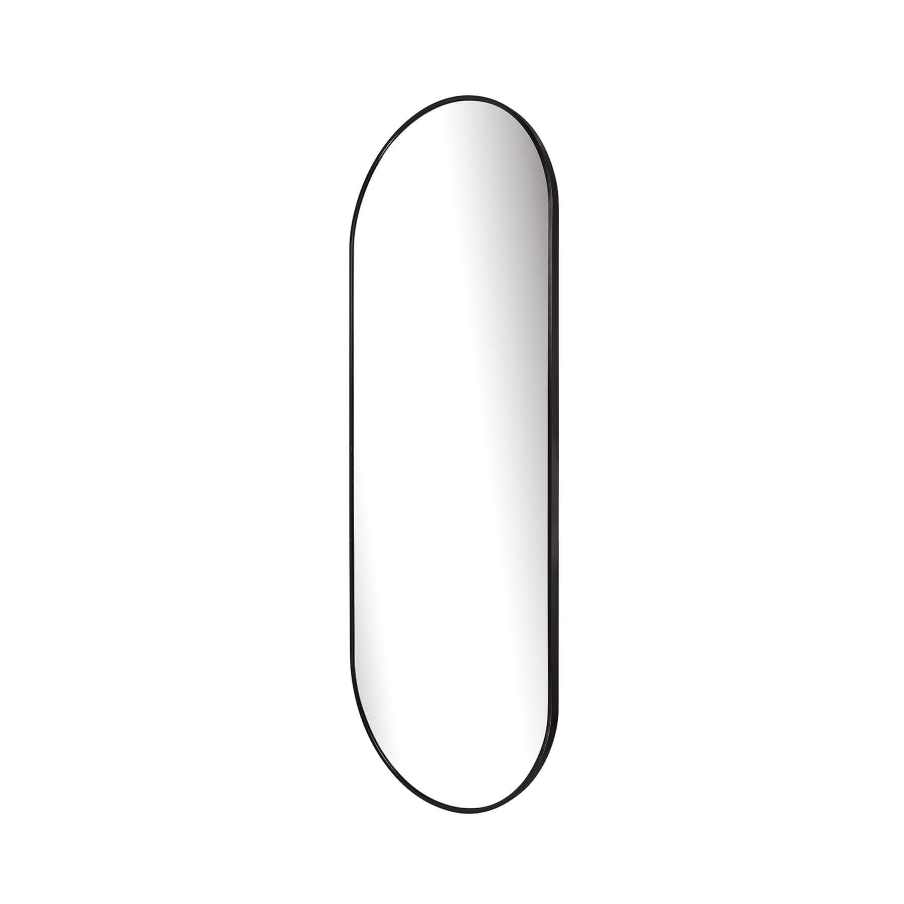 Large oval aluminium mirror with a sleek black frame, perfect for modern minimalist decor.