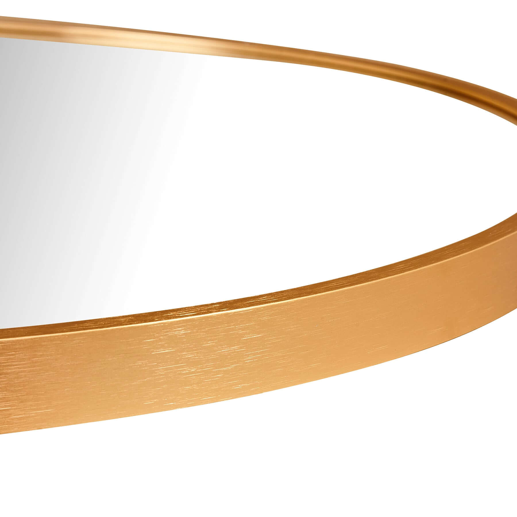 Close-up of the Oval Aluminium Mirror's sleek gold frame highlighting its modern minimalism.