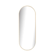 Large oval aluminium mirror with a sleek gold frame, showcasing modern minimalist design.