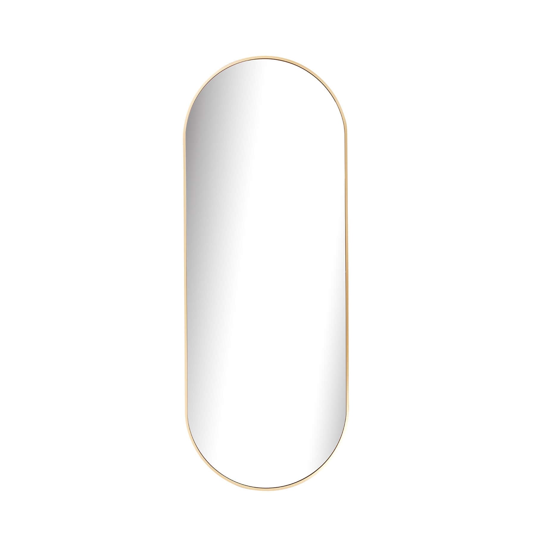 Large oval aluminium mirror with a sleek gold frame, showcasing modern minimalist design.
