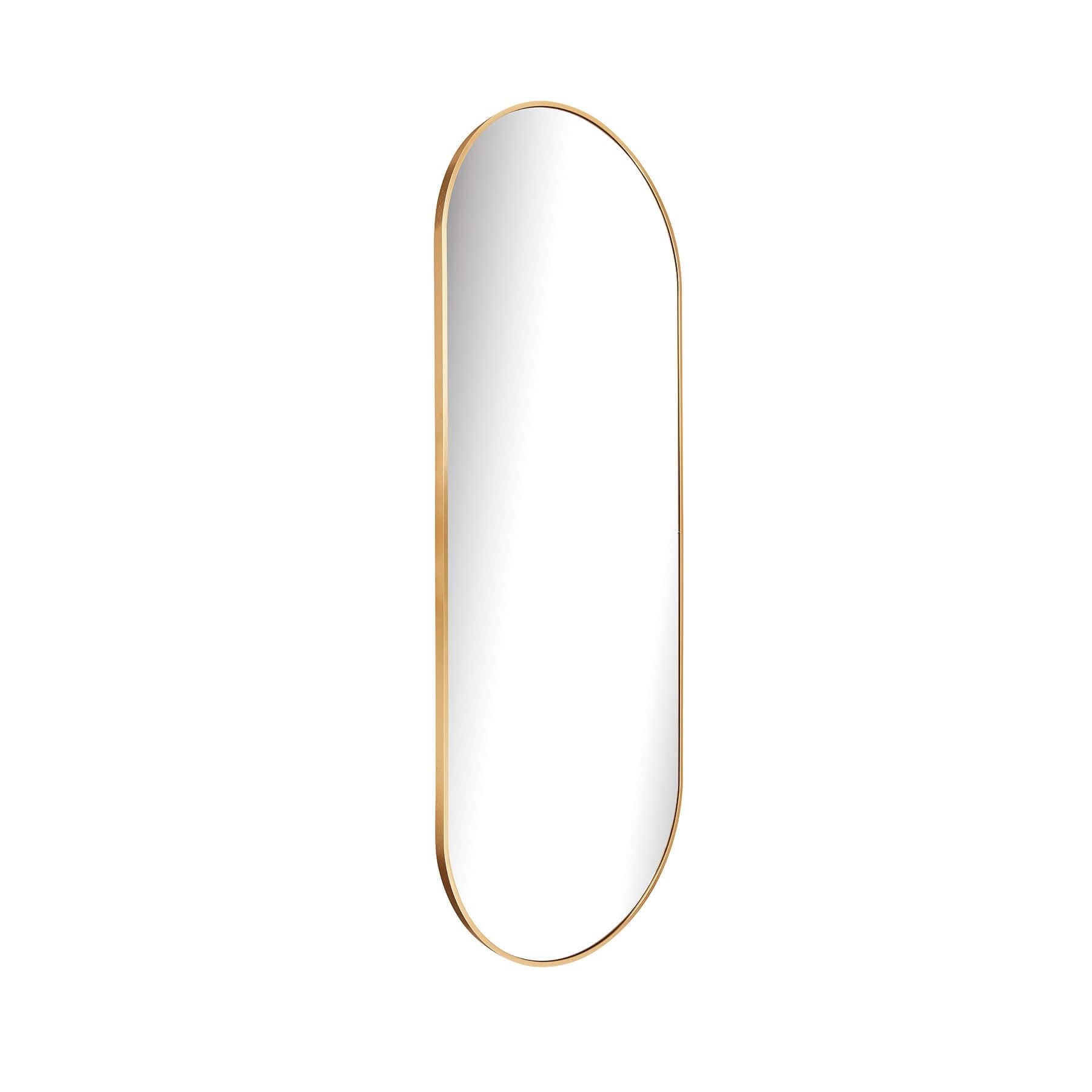 Large oval aluminium mirror with a sleek gold frame, showcasing modern minimalism and elegant design.