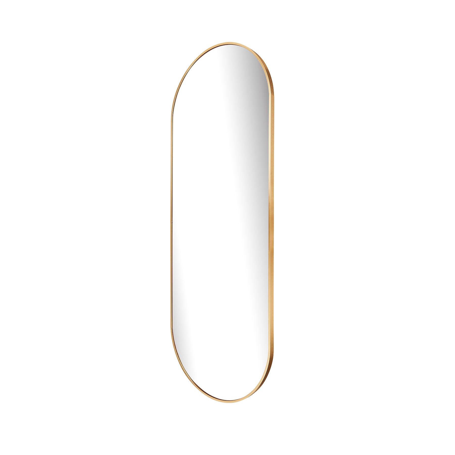 Large oval aluminium mirror with a sleek gold frame, showcasing modern minimalism and elegant curves.