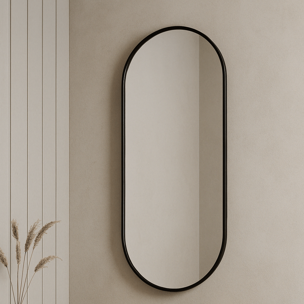 Slim slanted aluminum framed mirror above a stylish stone sink in a modern bathroom setting.