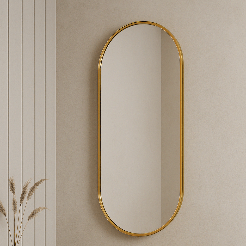 Elegant oval aluminum framed mirror in a modern bathroom setting with a stone sink and vase decor.