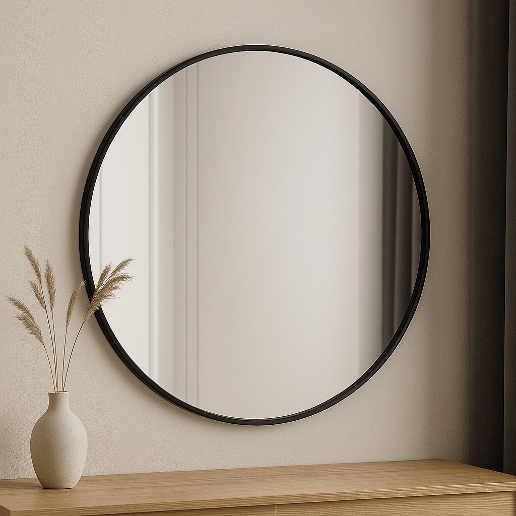 800mm round slanted frame mirror in black, minimalist design with elegant details, enhancing contemporary decor.