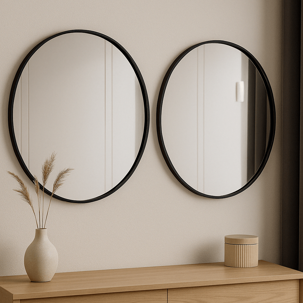 Two sleek 800mm round slanted frame mirrors on a wall, styled with a vase and decor on wooden furniture.