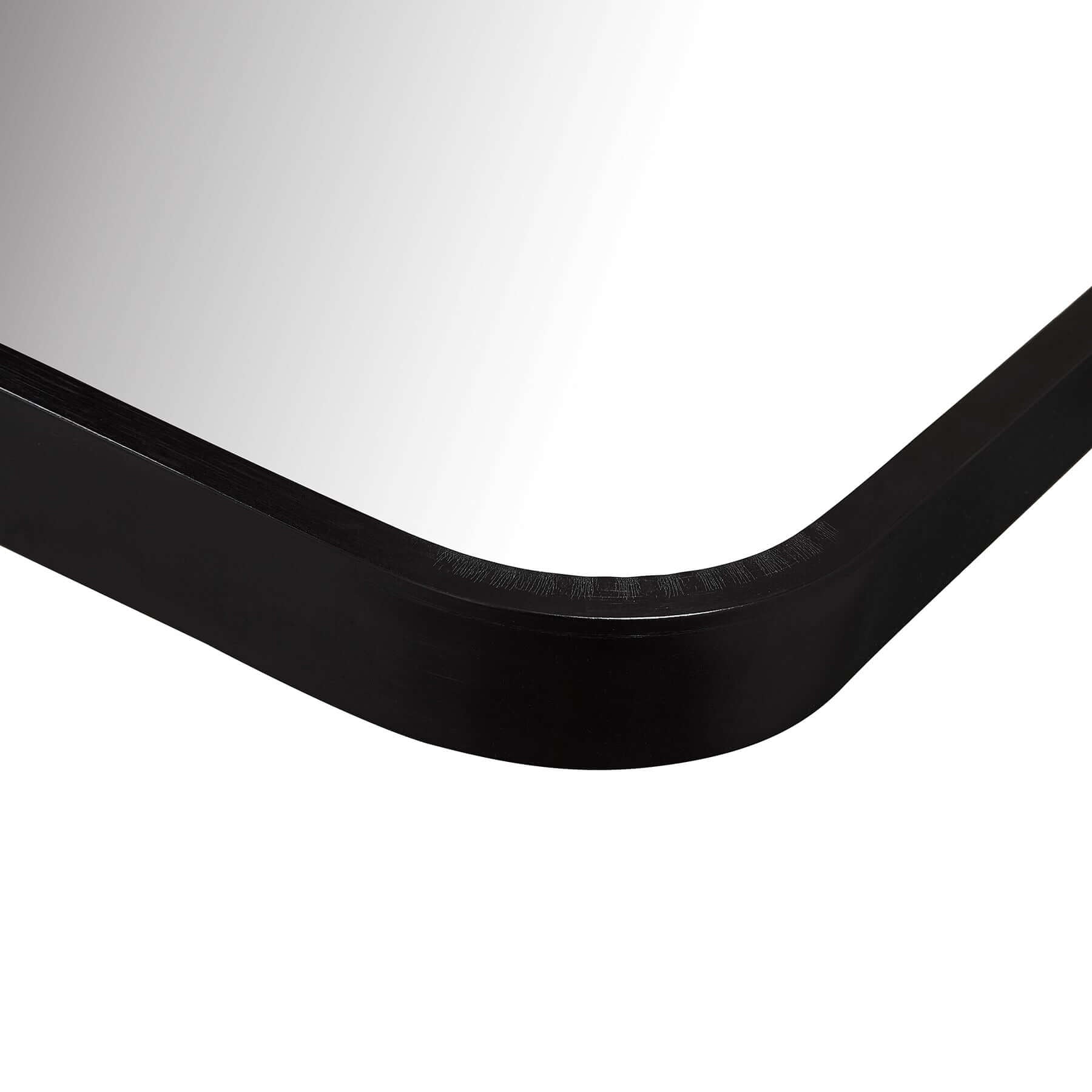 Close-up of the sleek black aluminum frame mirror with rounded corners, showcasing modern elegance and design.