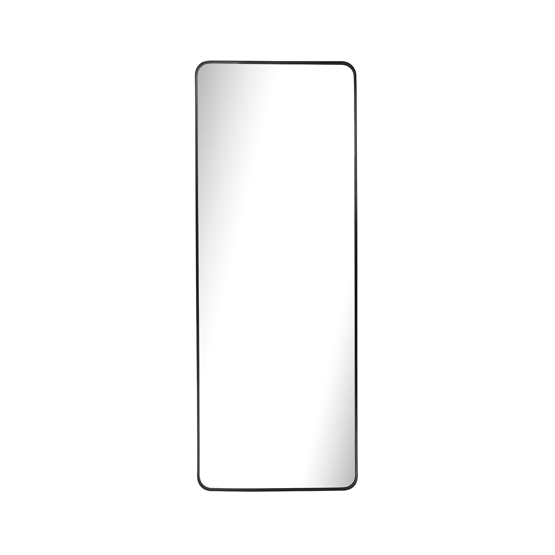 Large aluminum frame mirror with sleek black finish, rectangular shape, and gently rounded corners.