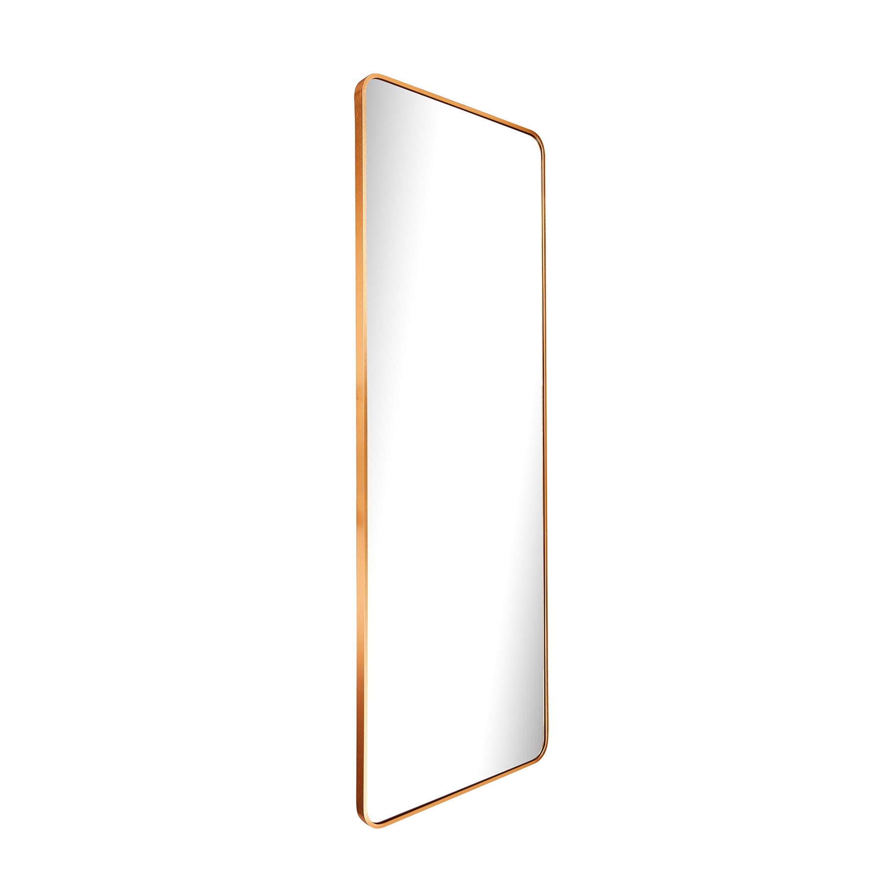 Large aluminum frame mirror with rounded corners in luxurious gold finish, perfect for modern decor.
