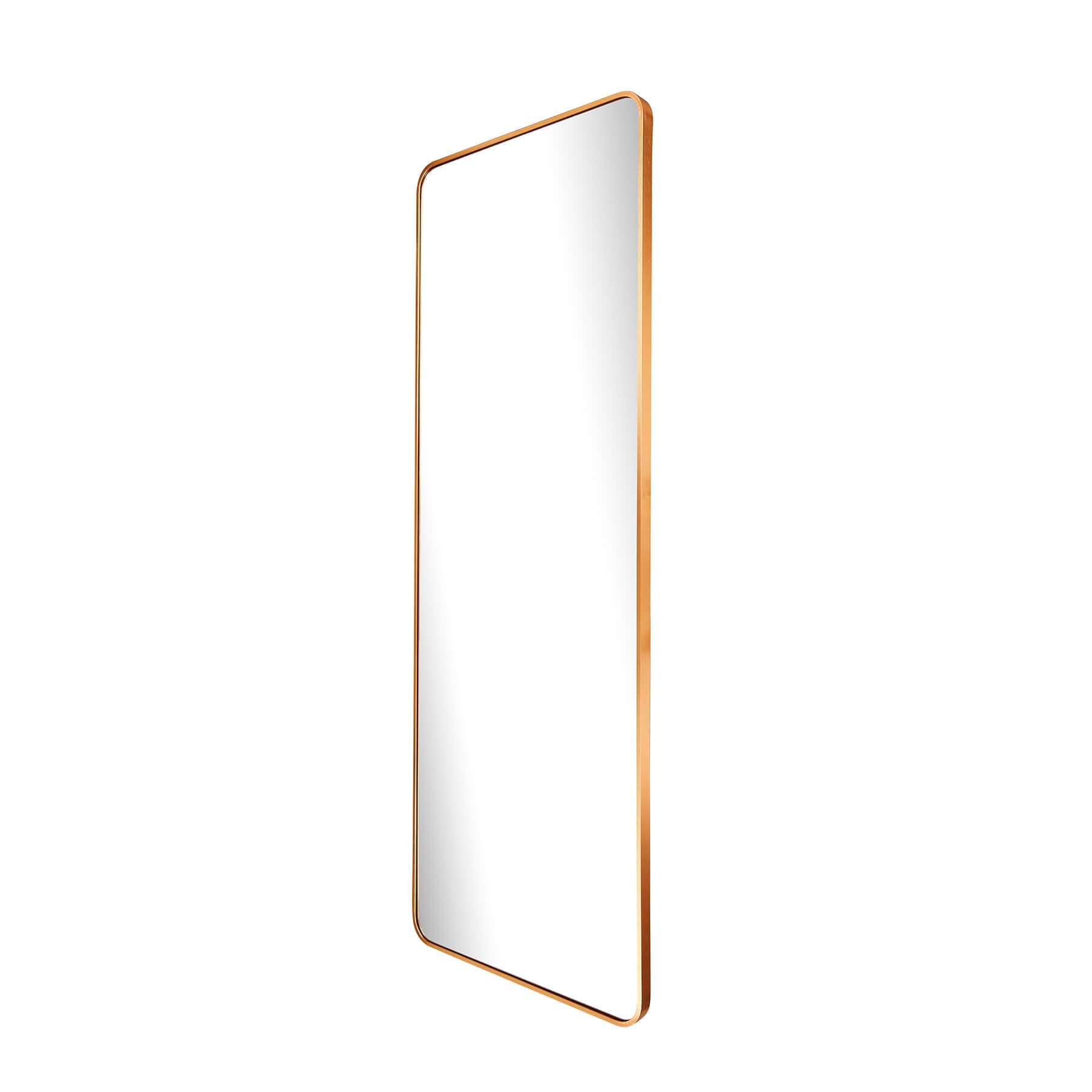 Large aluminum frame mirror with a sleek rectangular design and rounded corners in elegant gold finish.