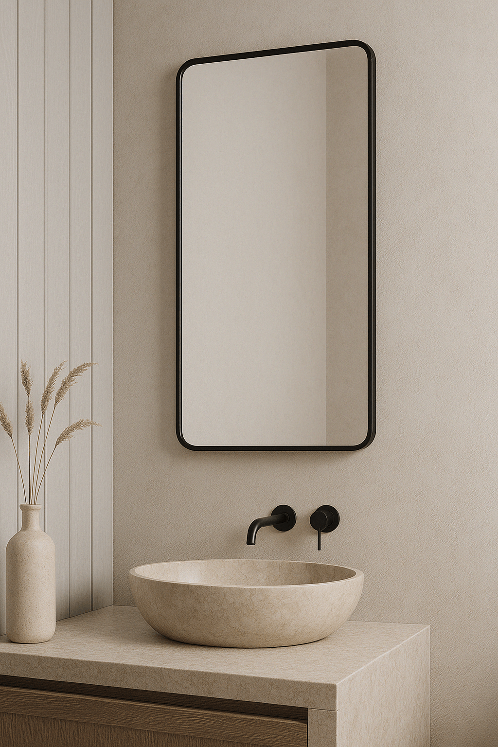 Modern slanted frame mirror in a minimalist bathroom setting with a sleek black aluminum frame.