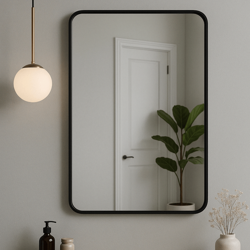 Slanted frame mirror with a black aluminum frame, reflecting a cozy interior, enhancing minimalist decor.