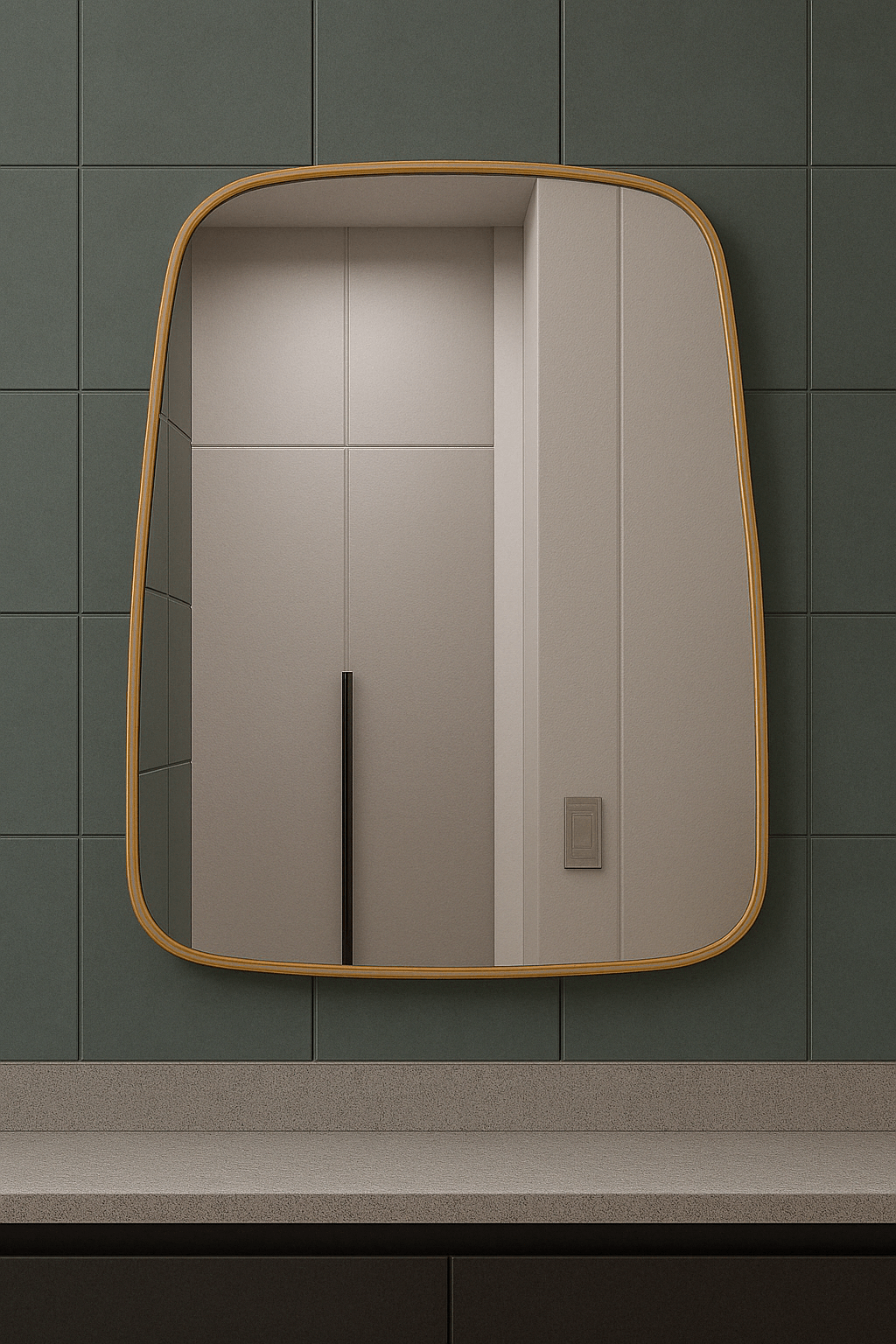 Modern aluminum framed mirror with soft edges, set against green tiles in a stylish bathroom.