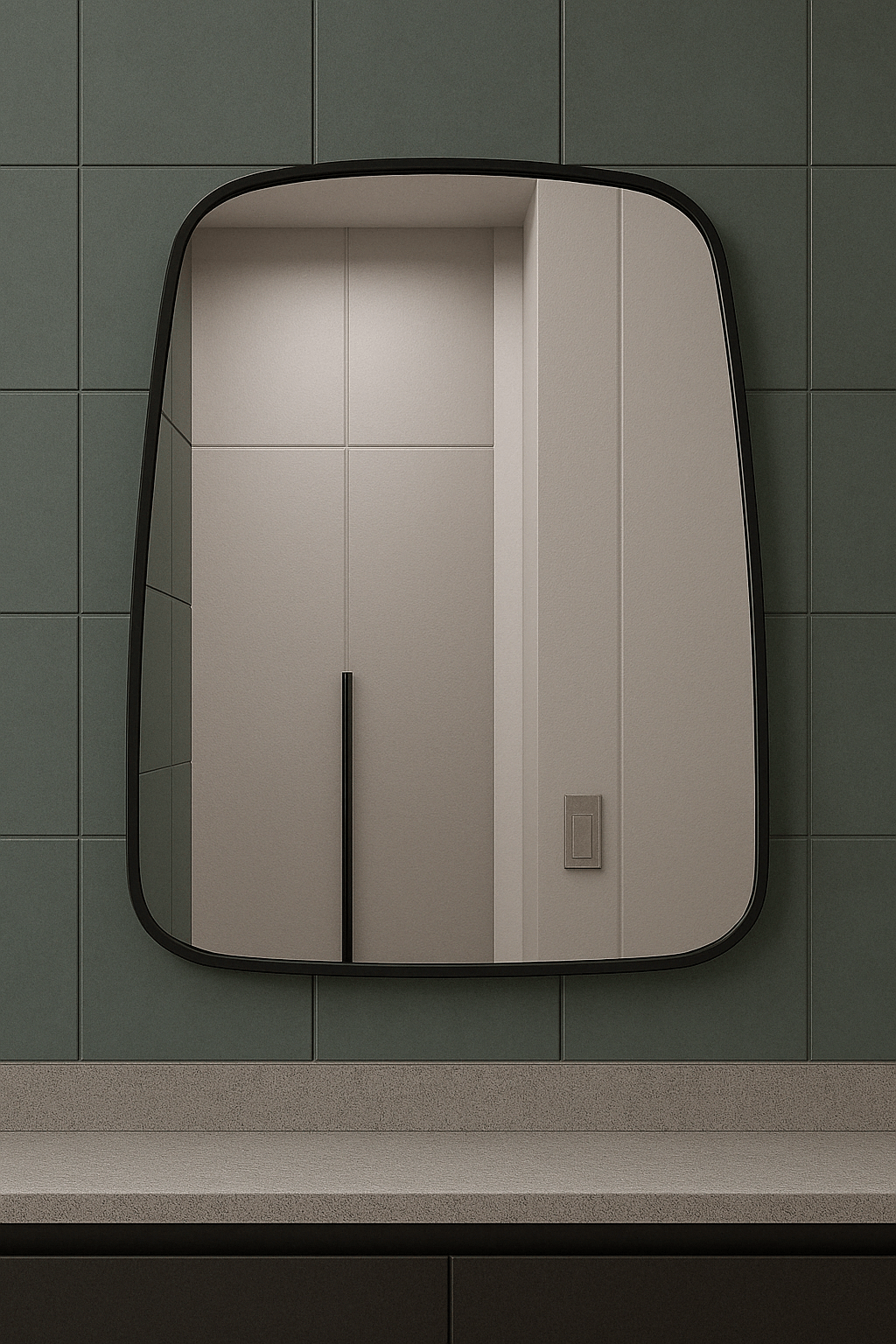 Modern aluminum frame mirror with soft edges, reflecting a contemporary bathroom design.