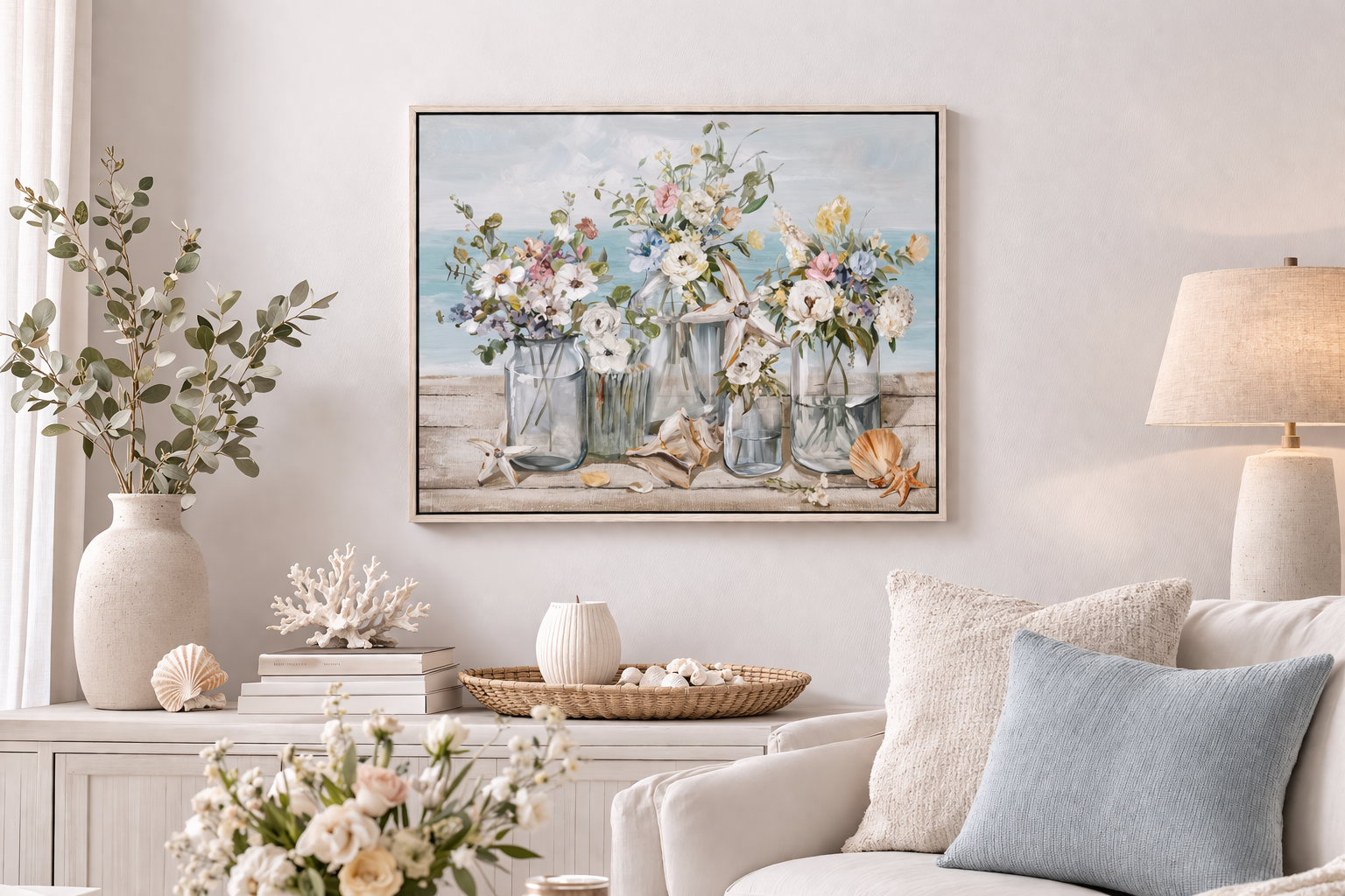 Coastal Bloom Framed Canvas — close-up detail