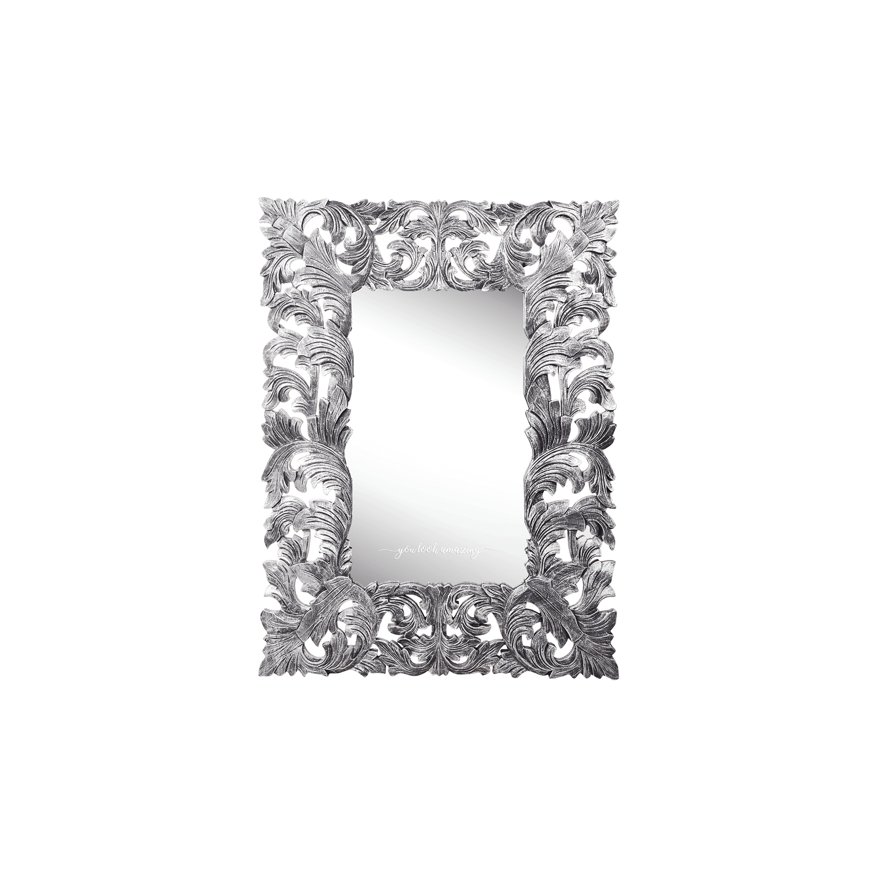 Ornate silver-framed Envy Mirror showcasing classic elegance for home decor.