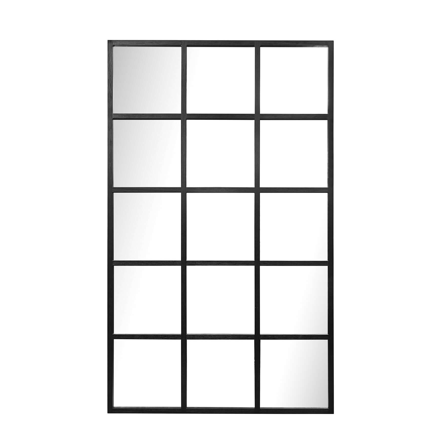 Large Dutch mirror with wood-styled resin frame, featuring a modern window panel design.