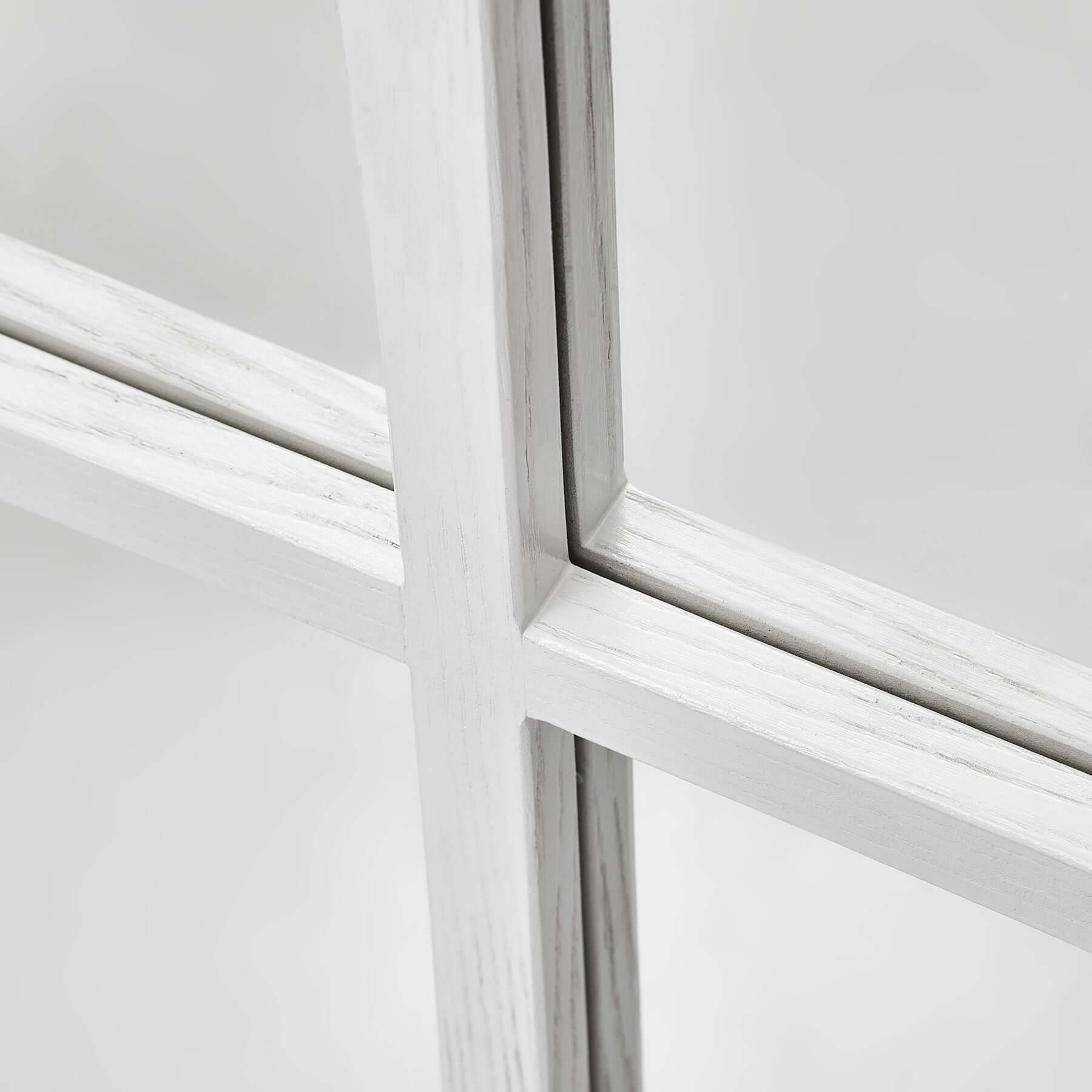 Close-up of the Dutch Mirror's wood-styled resin frame showcasing a sleek white window panel design.