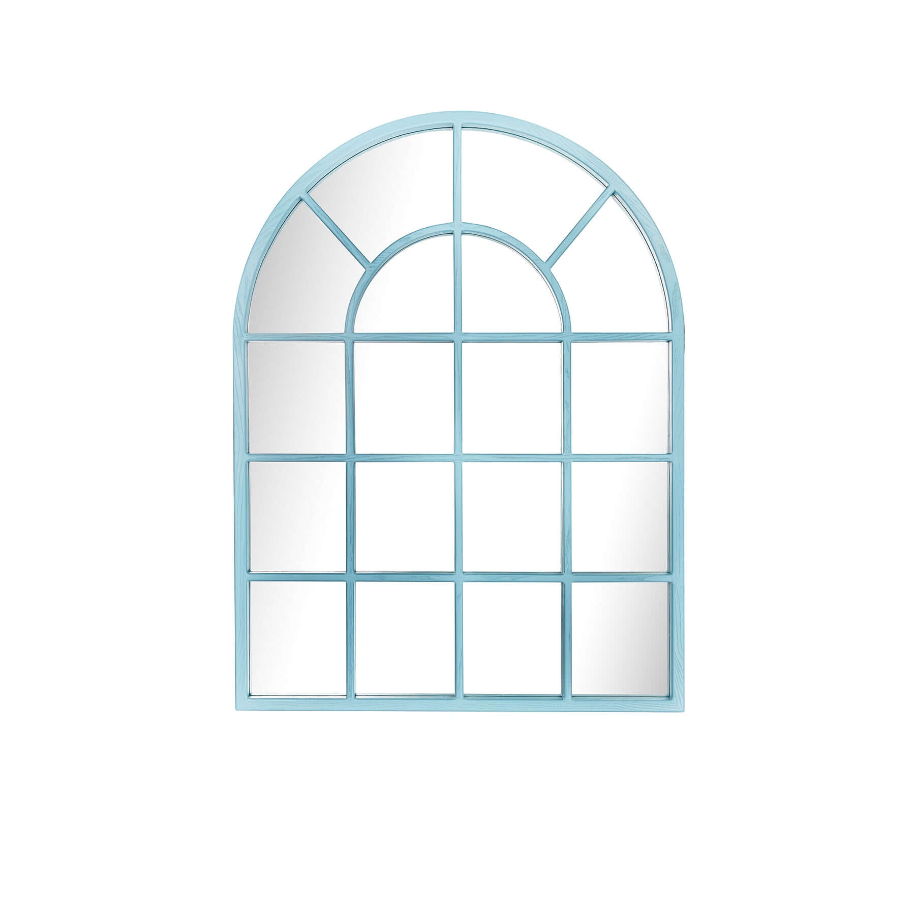Medium arch mirror with wood-styled blue frame and windowpane design, perfect for home decor.