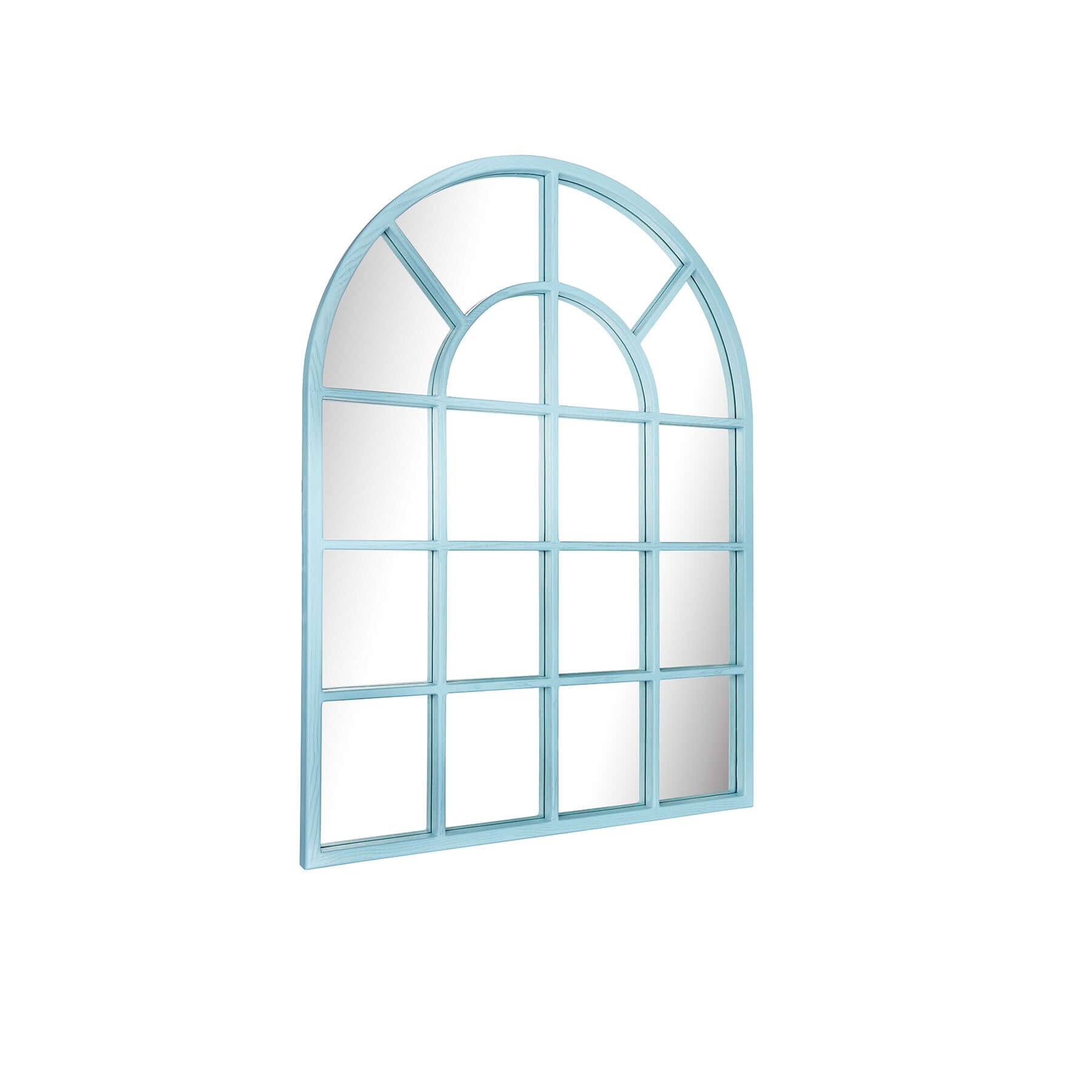Medium Arch Mirror with wood-styled resin frame in elegant blue, perfect for enhancing entryways and living spaces.