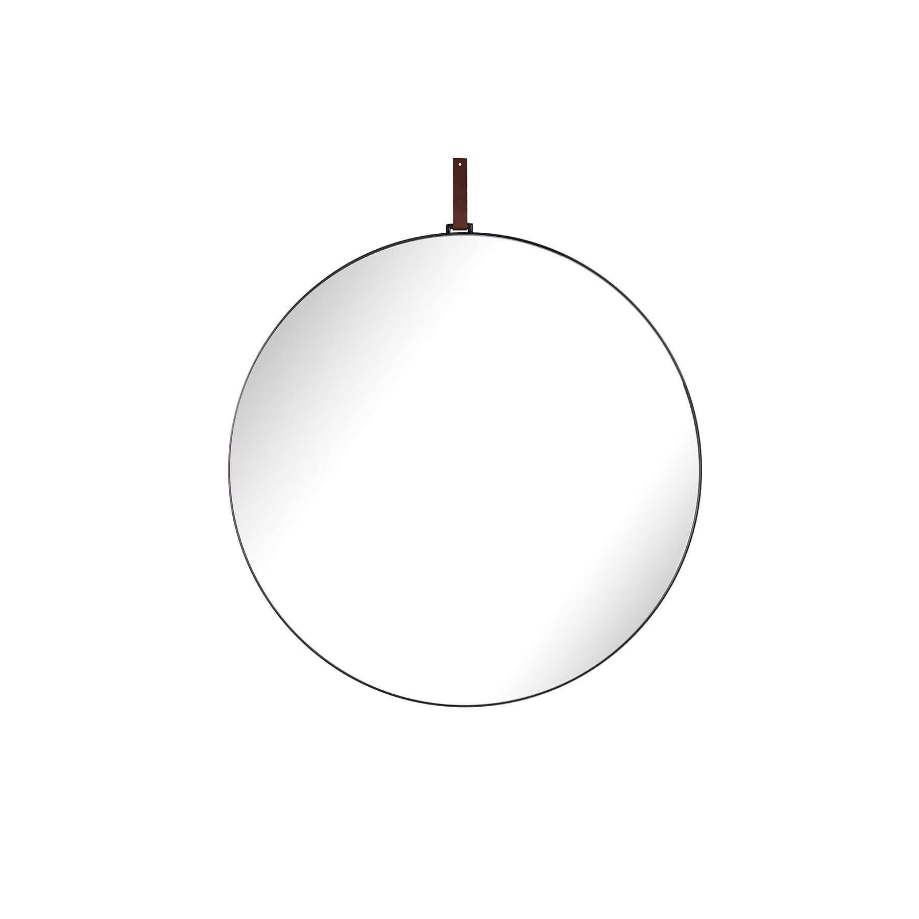 Lexi Round Mirror small with leather strap, modern design for home decor, timeless elegance, sleek round shape.