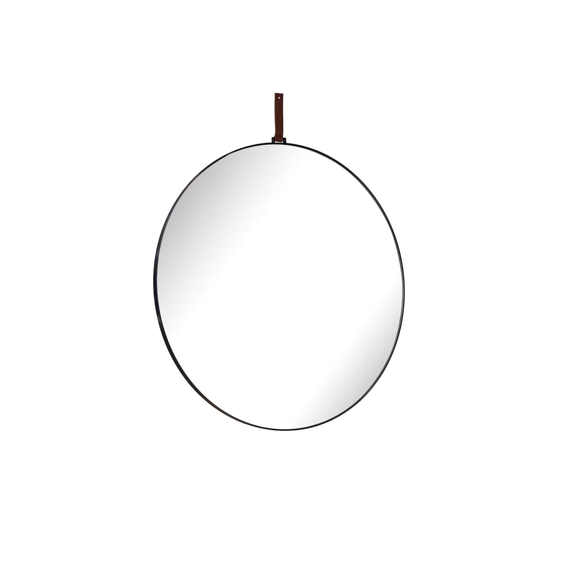 Lexi Round Mirror Small with leather strap, modern elegance for home decor, sleek round design.
