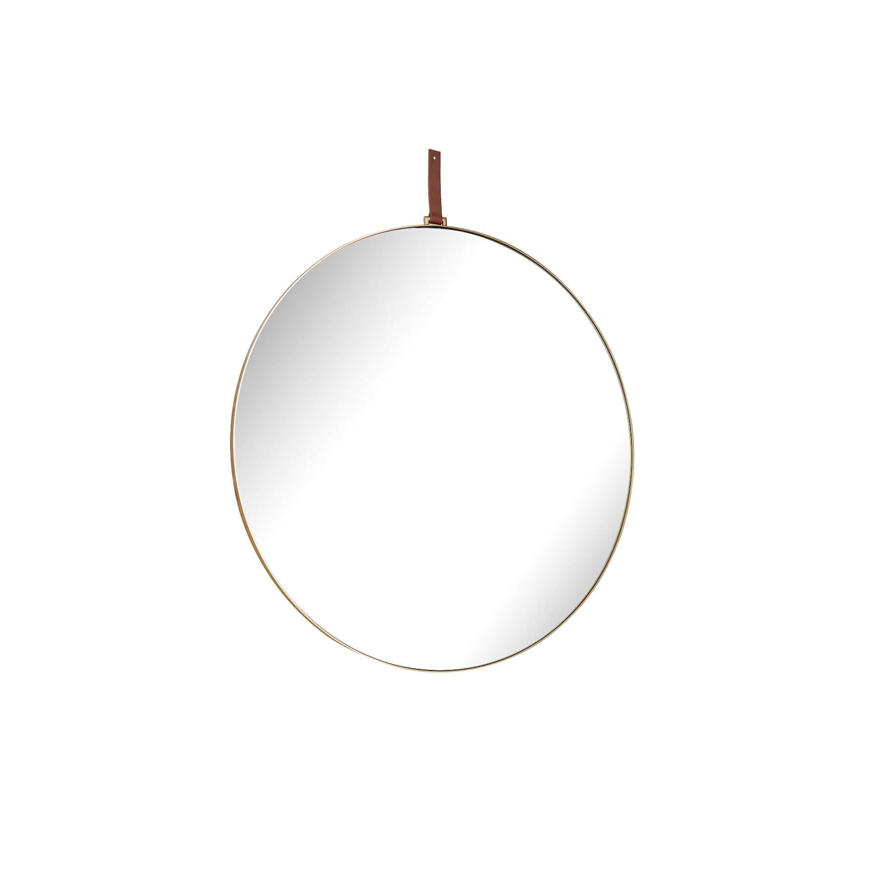 Lexi Round Mirror with leather strap, a stylish and elegant accent for home decor.