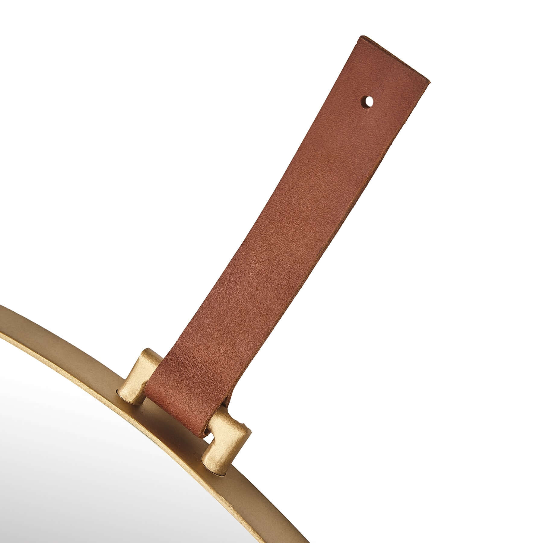 Close-up of the leather strap detail on the Lexi Round Mirror, showcasing its elegant design and stylish finish.