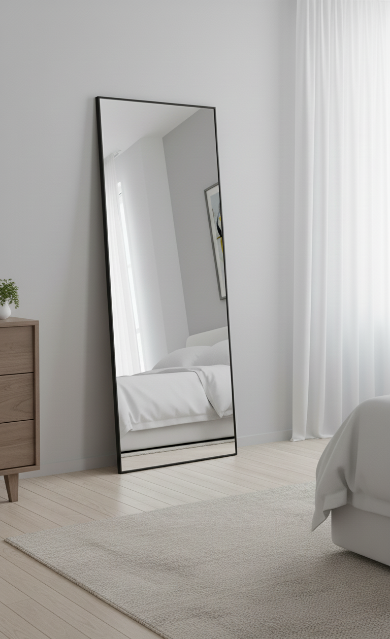 Large floor mirror in a bedroom setting with a bed and dresser.