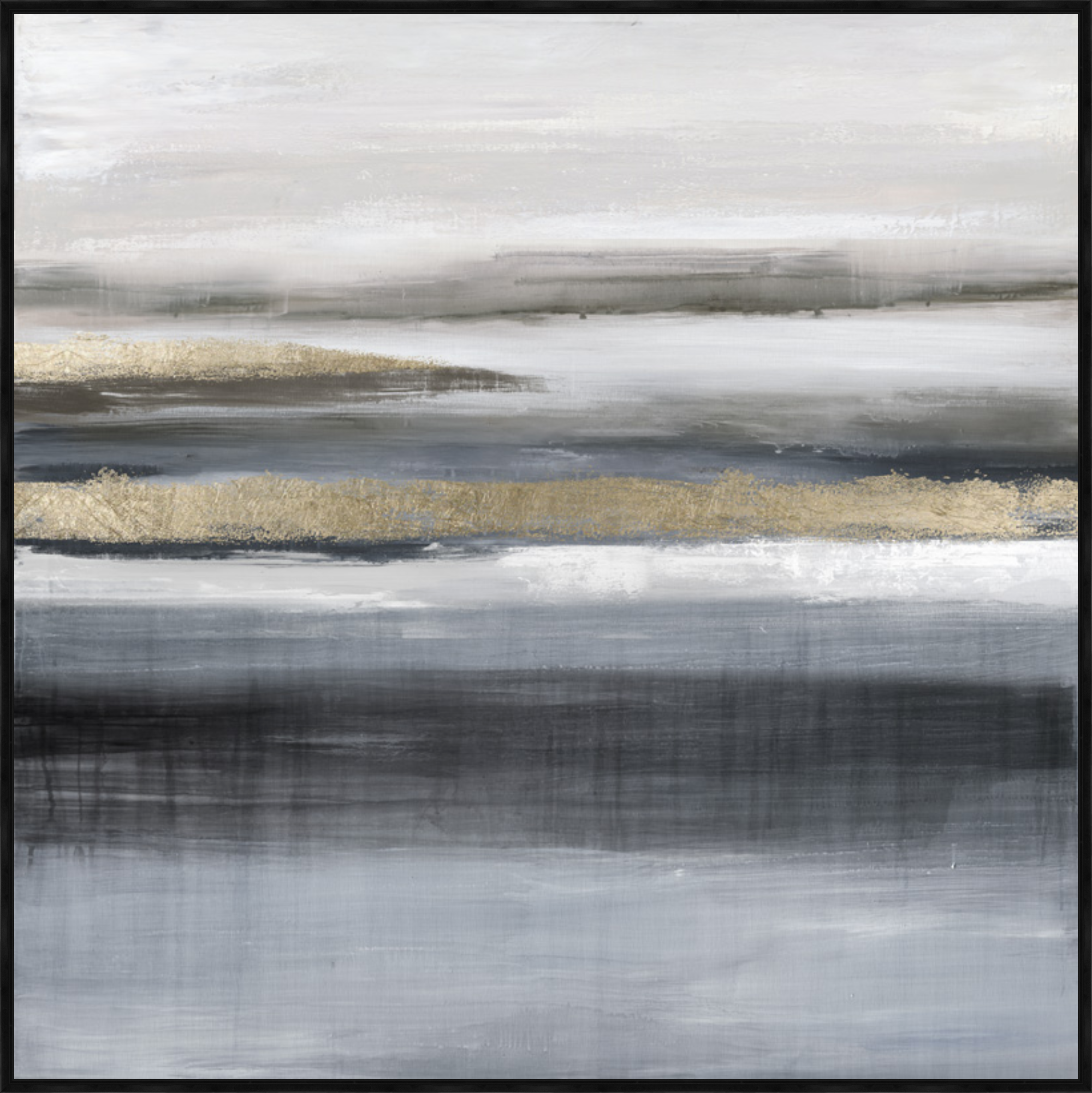Modern abstract framed canvas with gold horizon detail.